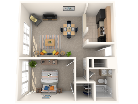 Floor plan for 1 bed, 1 bath, 650 sqft
